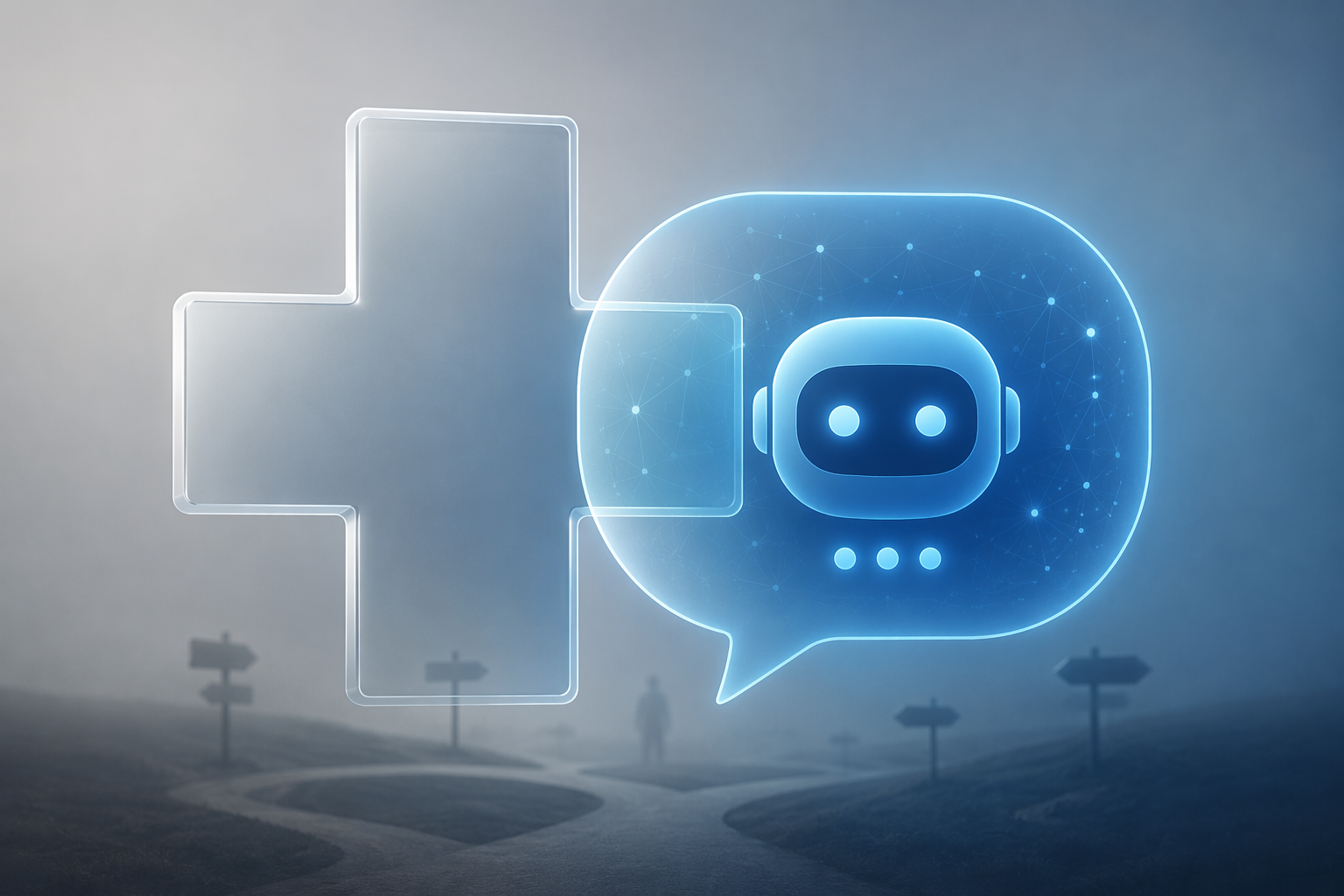 Medical cross overlapping an AI chatbot interface, suggesting regulatory uncertainty in healthcare conversational AI