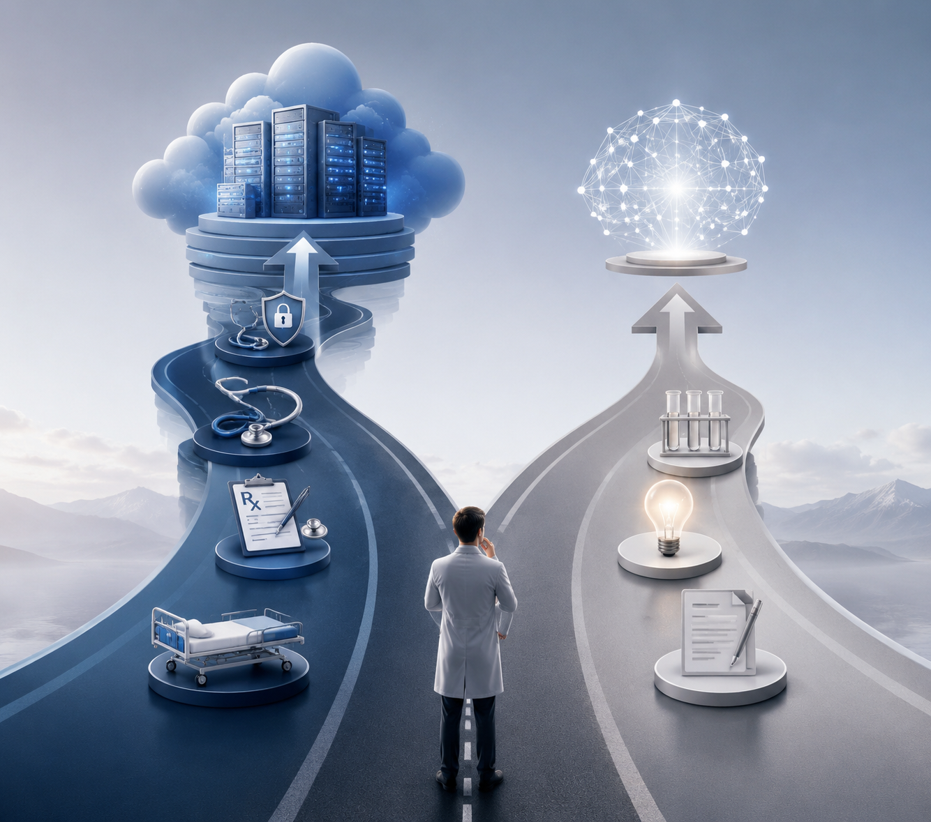 Diagram showing production clinical workflows routed through layered cloud infrastructure and experimentation routed through a simpler direct path