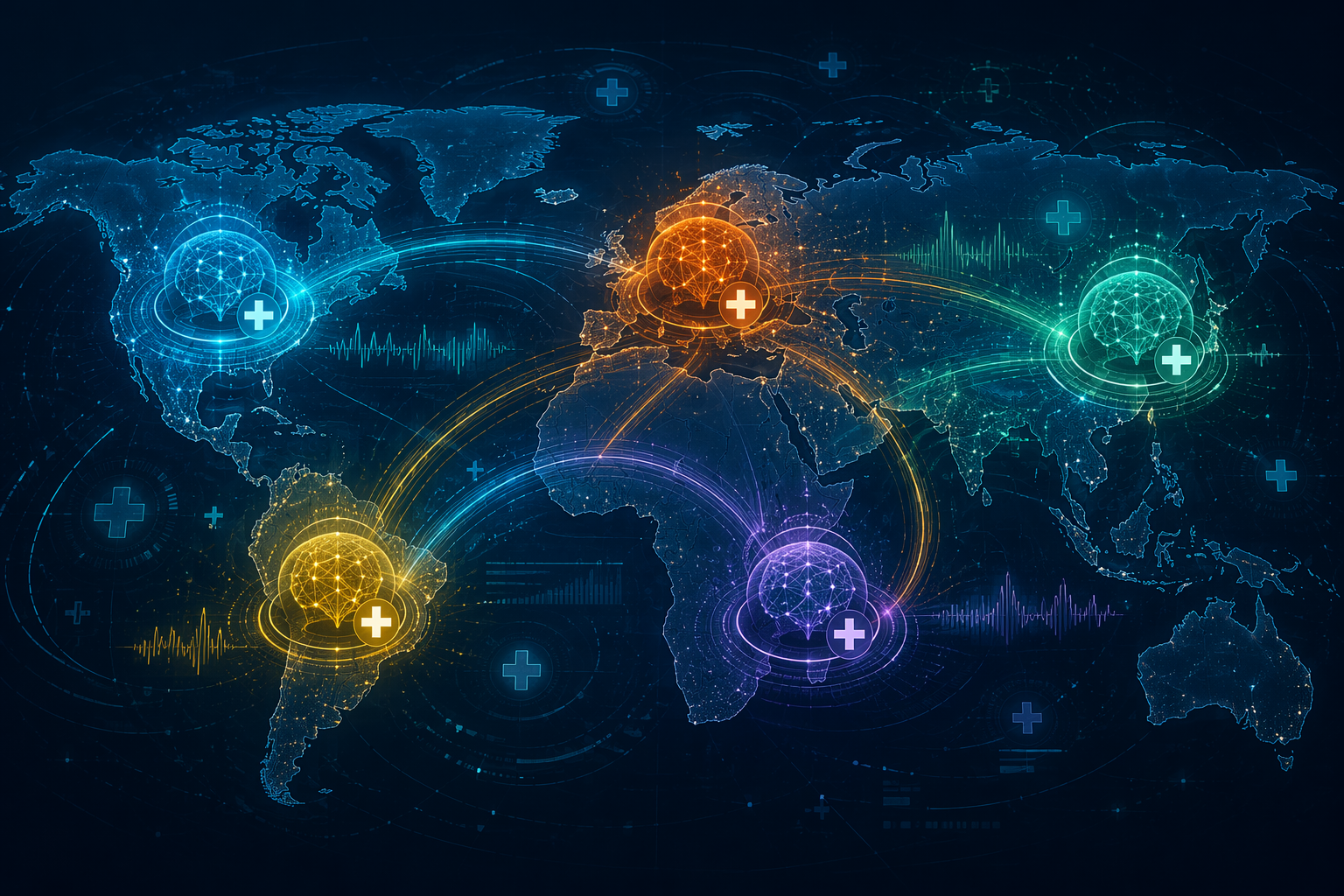 Stylized global map showing five AI outbreak detection platforms connected by data streams