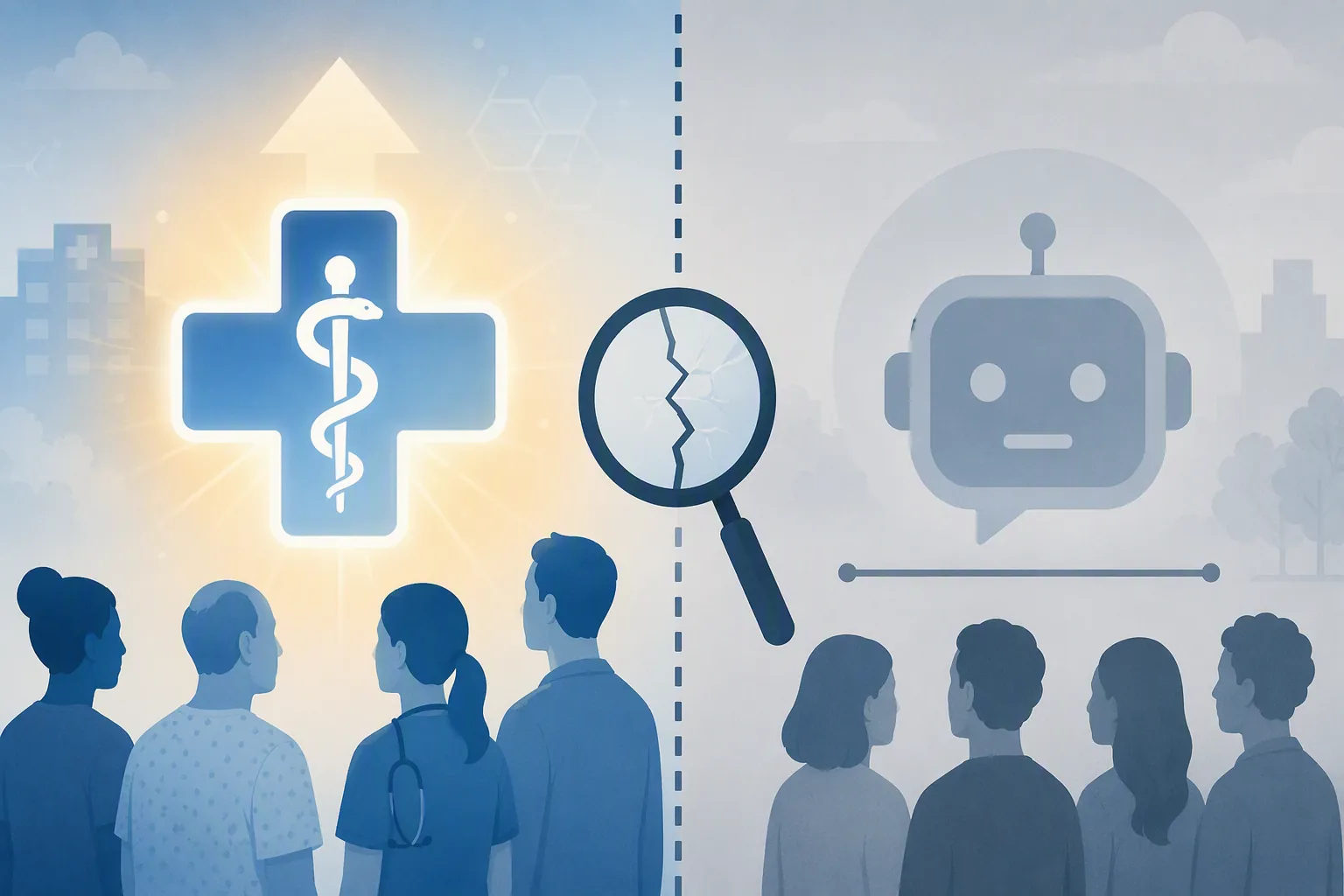 Split illustration showing stronger clinical population effects and weaker non-clinical chatbot effects