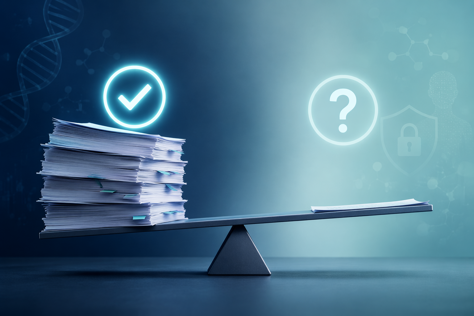 A tilted scale comparing stronger accuracy evidence with scarce safety and privacy evidence