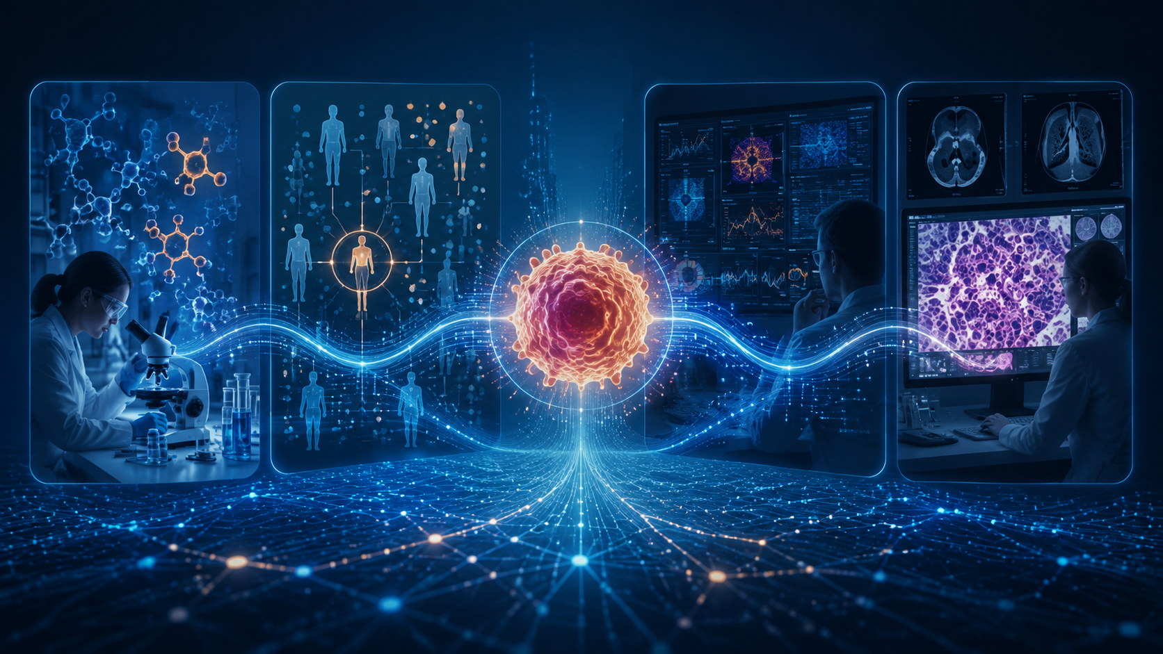 Digital illustration of a cancer cell connected to AI-enabled drug discovery, trial matching, treatment selection, and pathology-radiology analysis