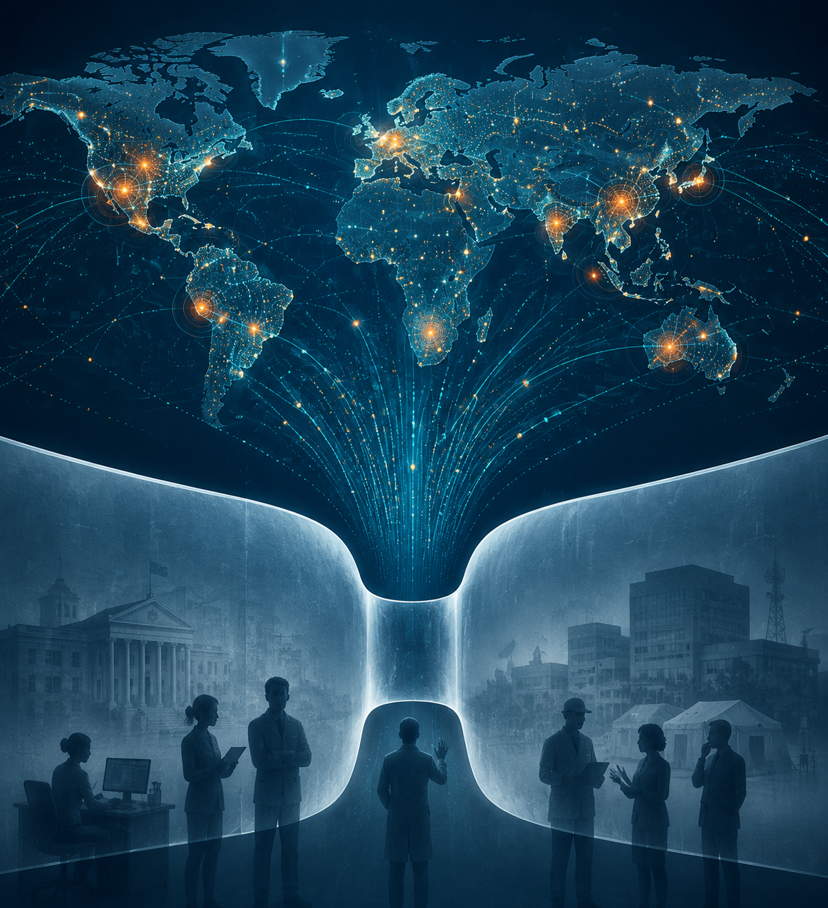 Glowing world map with AI surveillance signals separated from public health workers and agency buildings