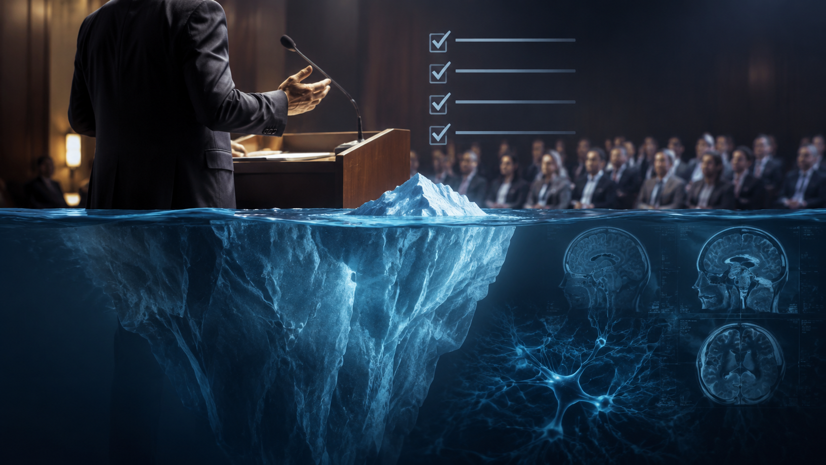 Well-dressed public figure at a podium with surface composure above hidden cognitive decline imagery