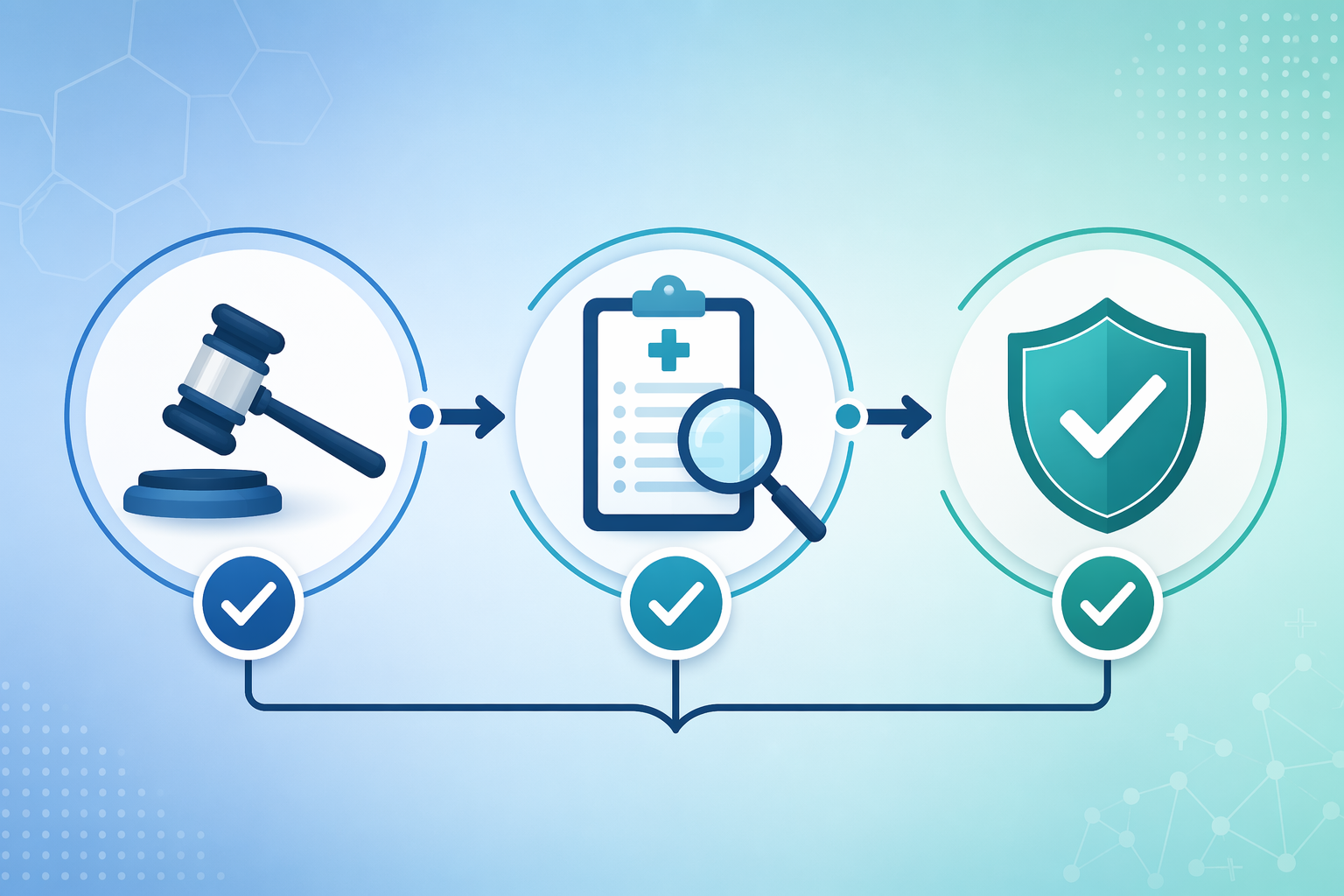 Three horizontal evaluation stages on a blue-teal gradient: a gavel (regulatory clearance), a magnifying glass over a clipboard (evidence scrutiny), and a checkmark inside a shield (deployment decision).