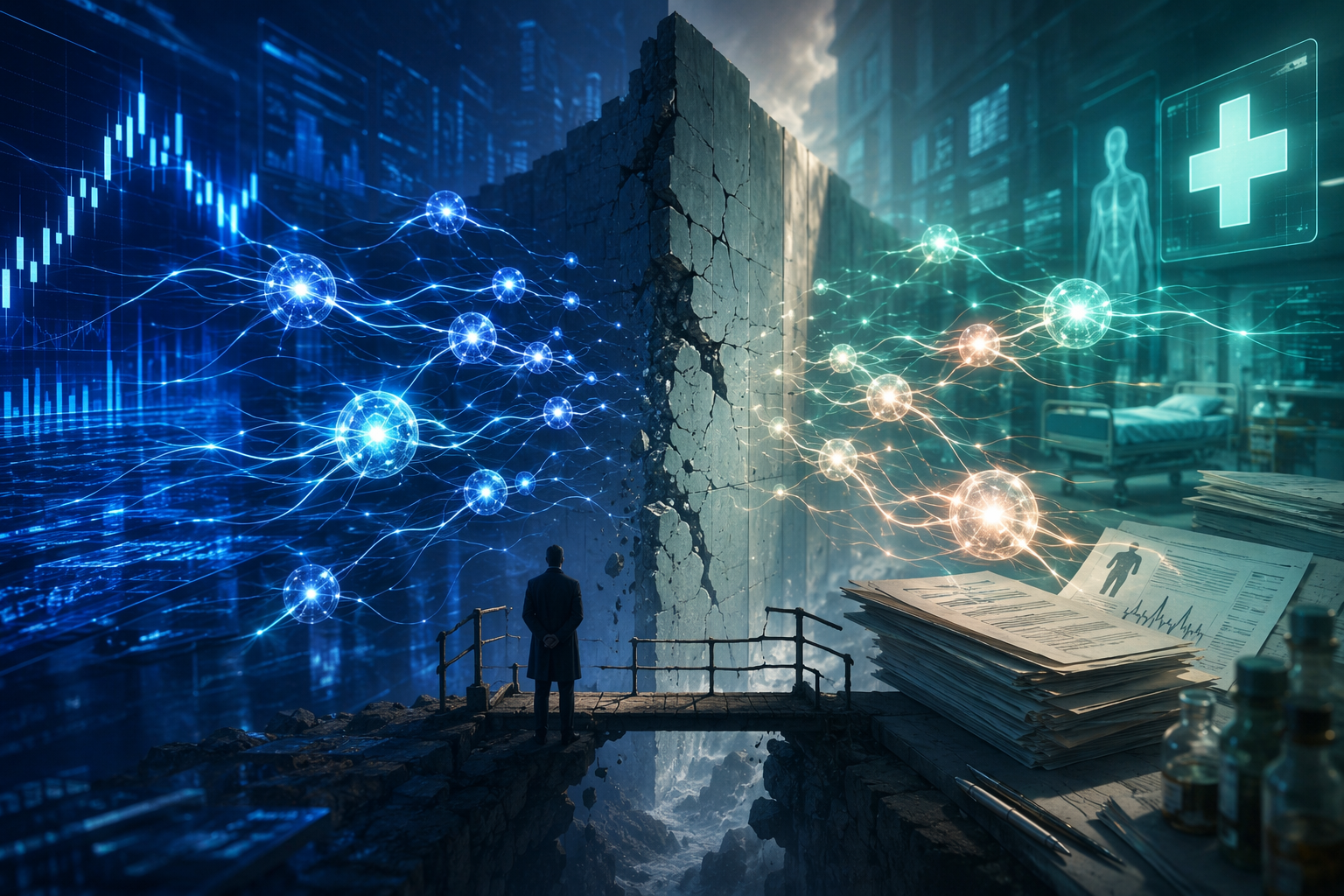 Abstract split scene showing AI agent pathways across finance and healthcare with a fractured governance barrier