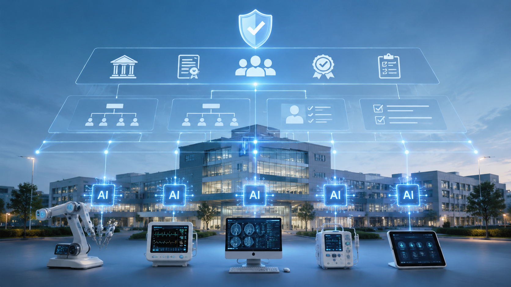 Modern hospital with AI systems connected into an organizational governance and certification framework