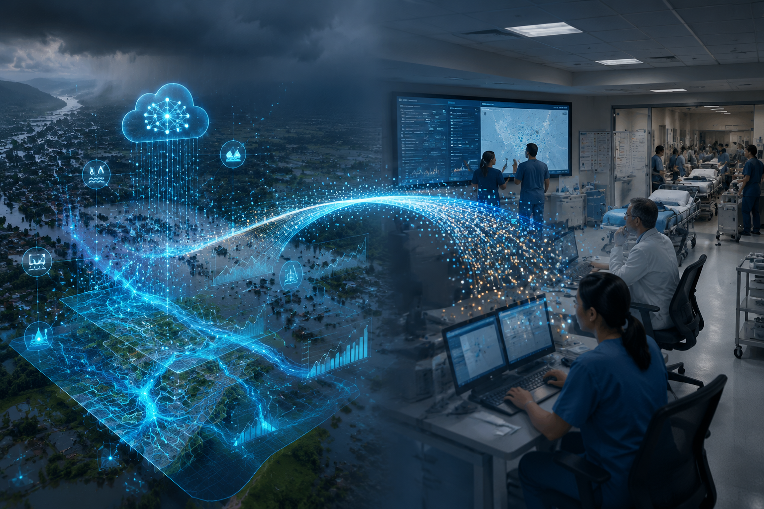 AI flood prediction map connected to a hospital emergency operations center, with the data bridge fading before the health system side