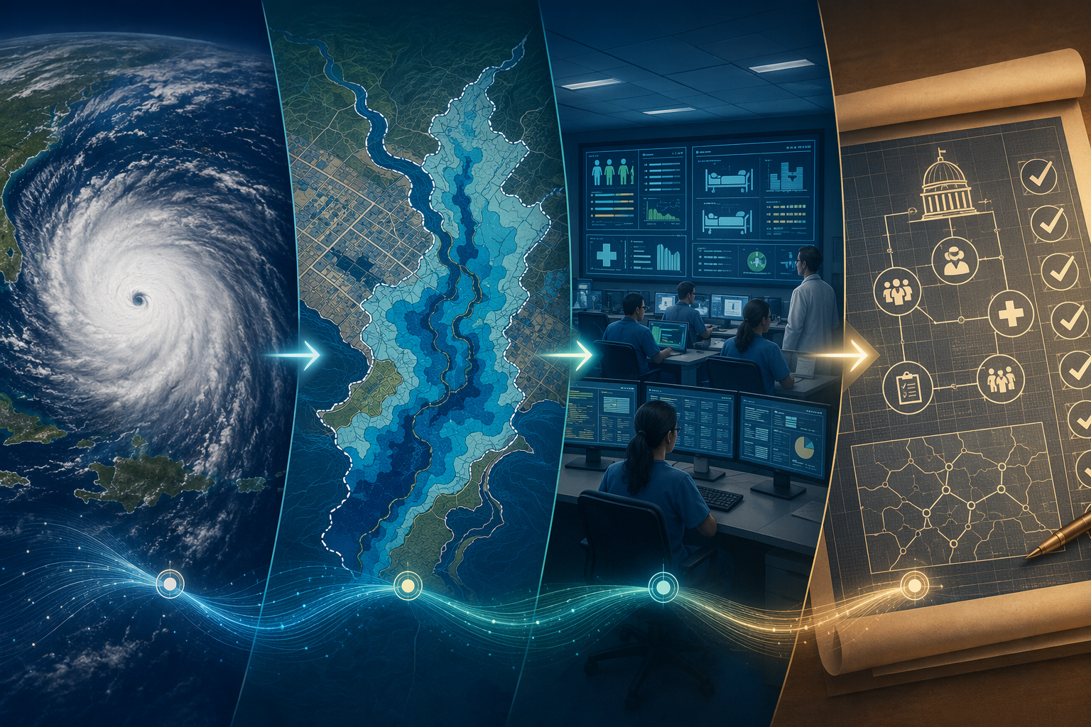 Four-stage illustration of hurricane forecasting, flood hazard mapping, hospital operations, and governance
