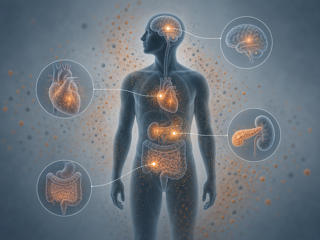 Human silhouette in wildfire haze with heart, brain, kidneys, and digestive tract highlighted