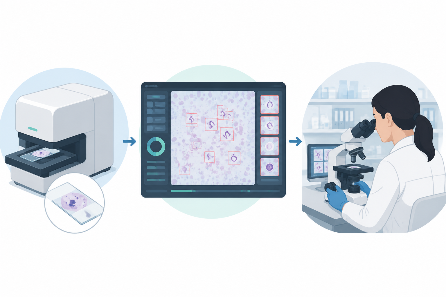 Three-panel workflow showing slide scanning, AI-highlighted parasite findings, and technologist review at a microscope