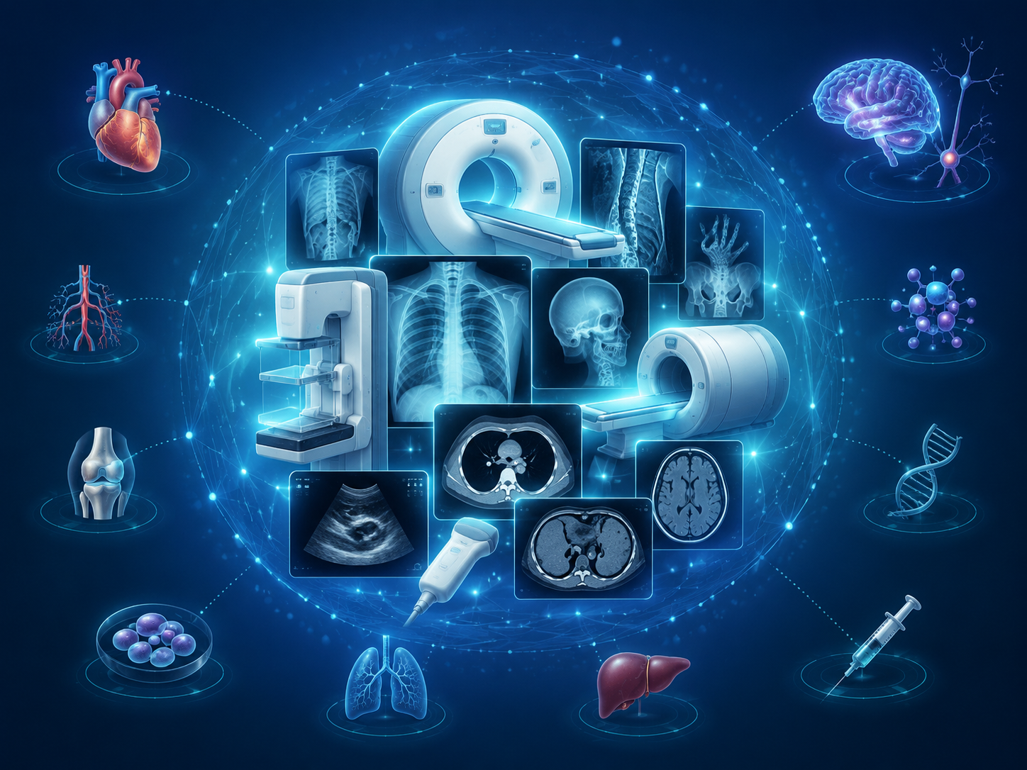 Medical imaging icons clustered at the center with smaller heart and brain icons at the edges
