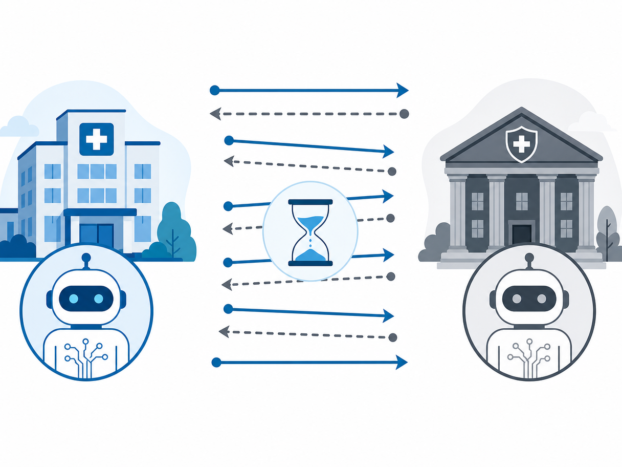 Editorial illustration showing a hospital icon with an AI symbol sending a prior authorization request to a health insurance building icon with an AI symbol, which returns a denial, with zigzagging ping-pong loop arrows and an hourglass in the center.