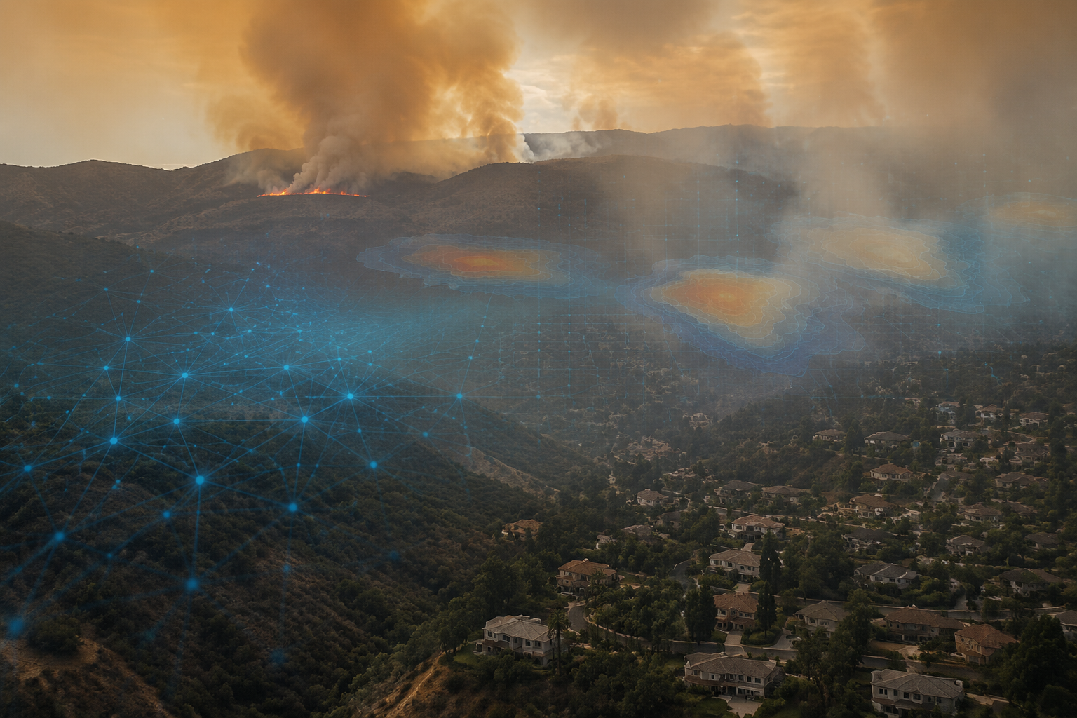 Wildfire smoke over a suburban landscape with AI-style network overlays and heat-map contours
