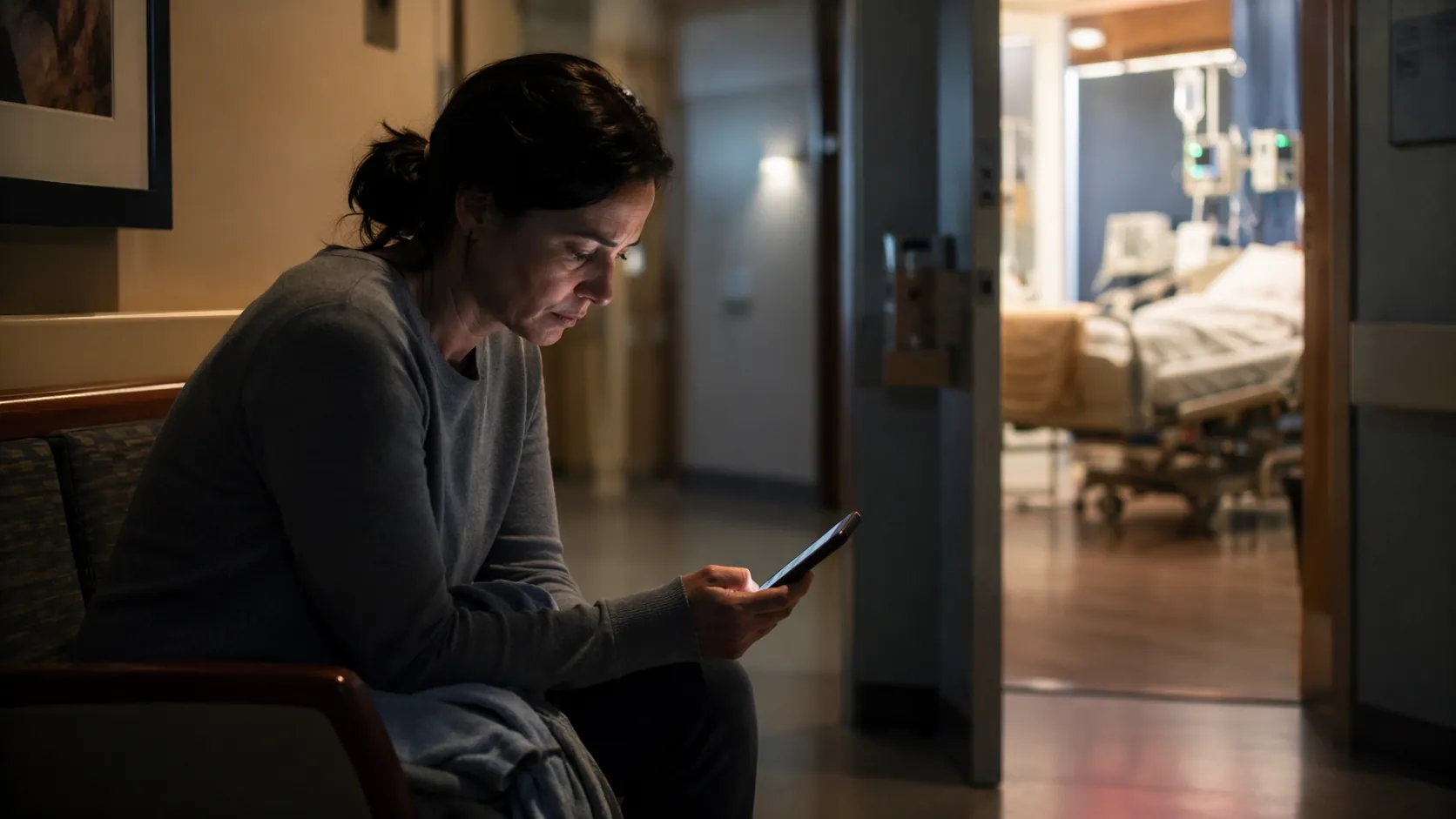 A tired mother sits on a hospital corridor bench holding a glowing phone while a child's hospital room is visible behind her.