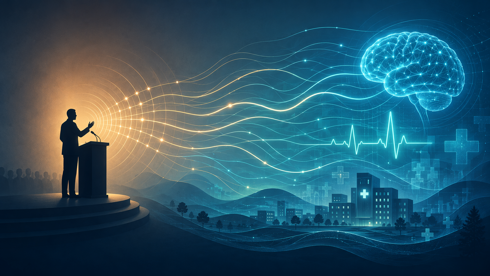Silhouetted speaker amplifying trust signals toward an abstract AI healthcare landscape