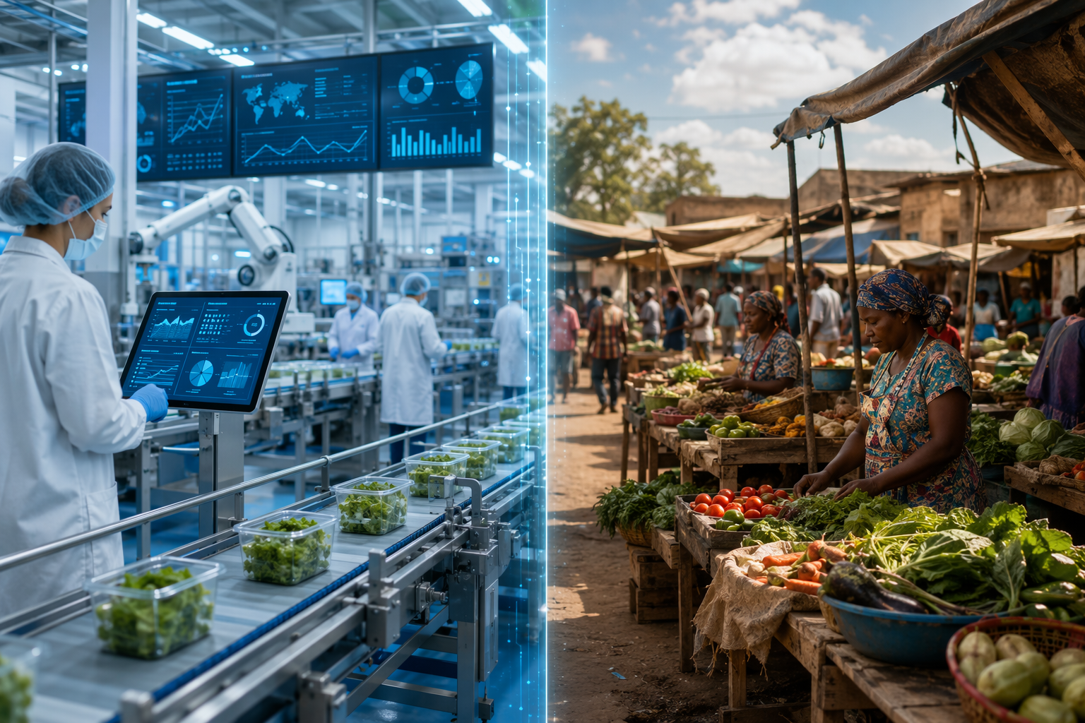 High-tech food processing facility contrasted with a traditional open-air produce market