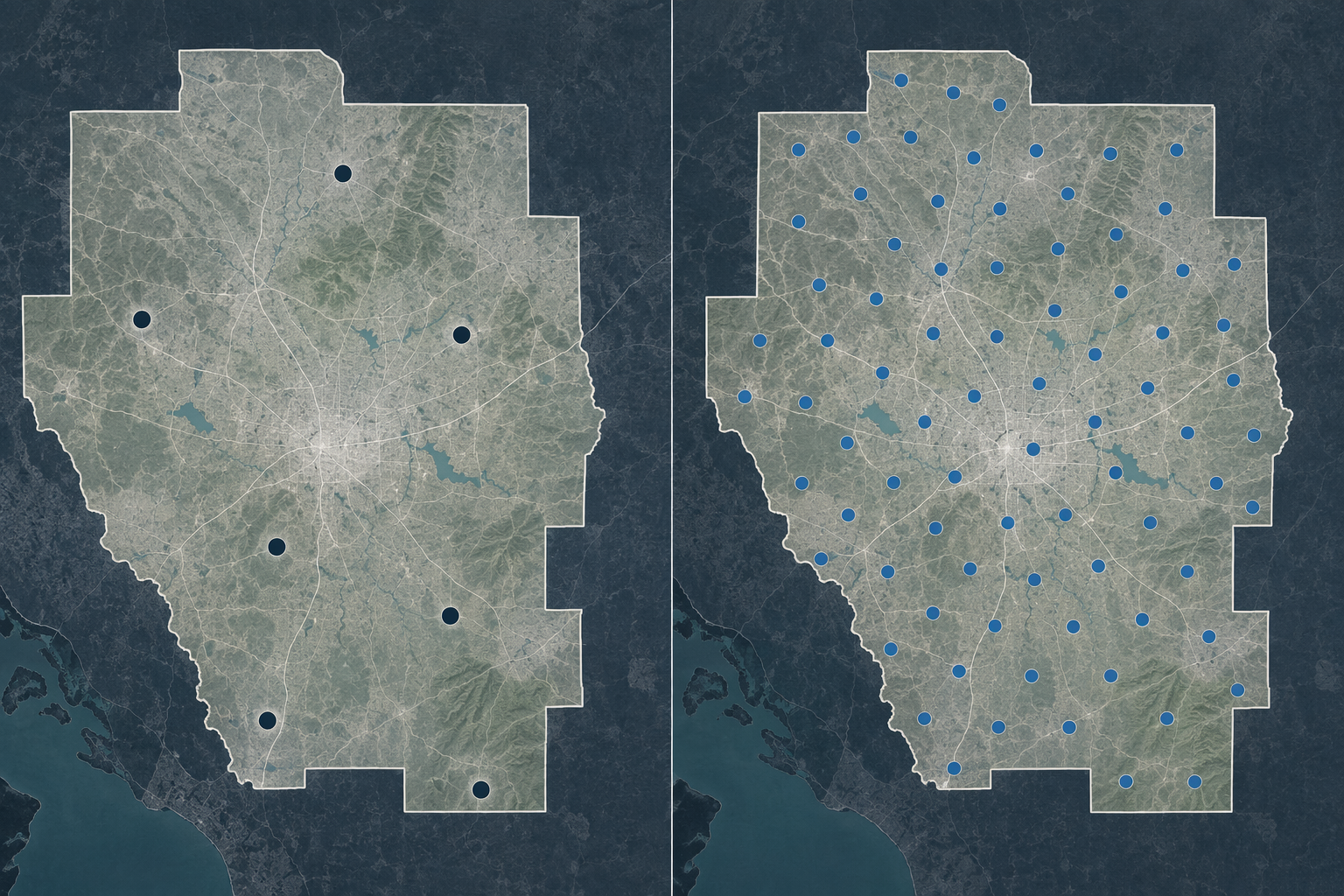 Side-by-side map view showing sparse regulatory monitors compared with dense sensor network coverage