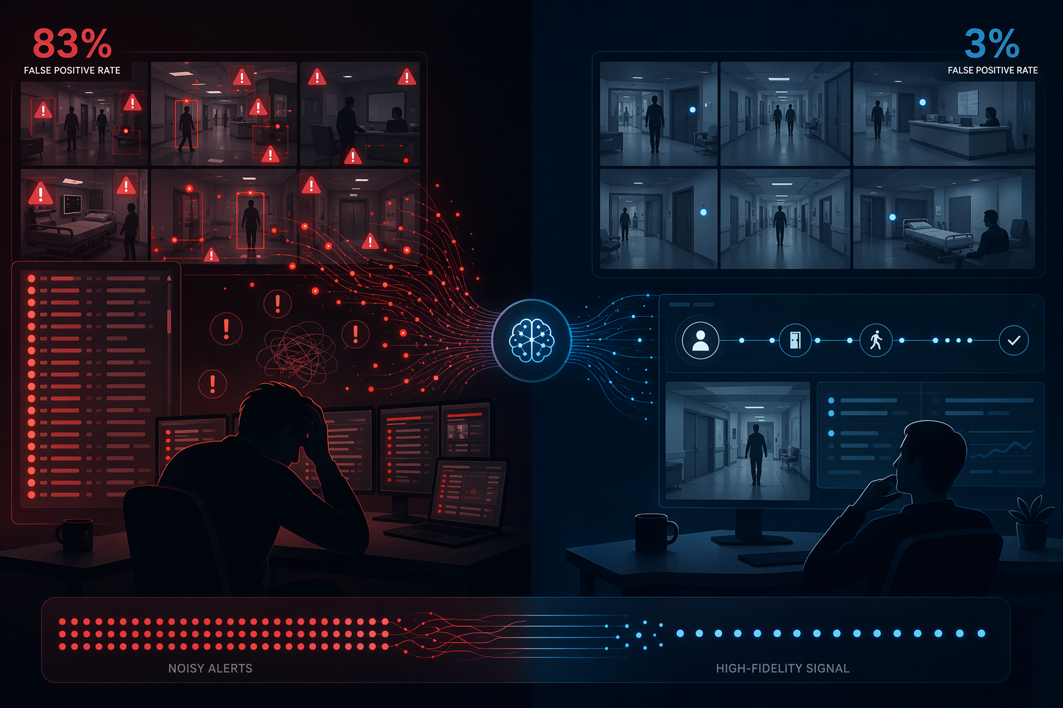 Split-screen illustration comparing chaotic alerts with streamlined AI-filtered monitoring