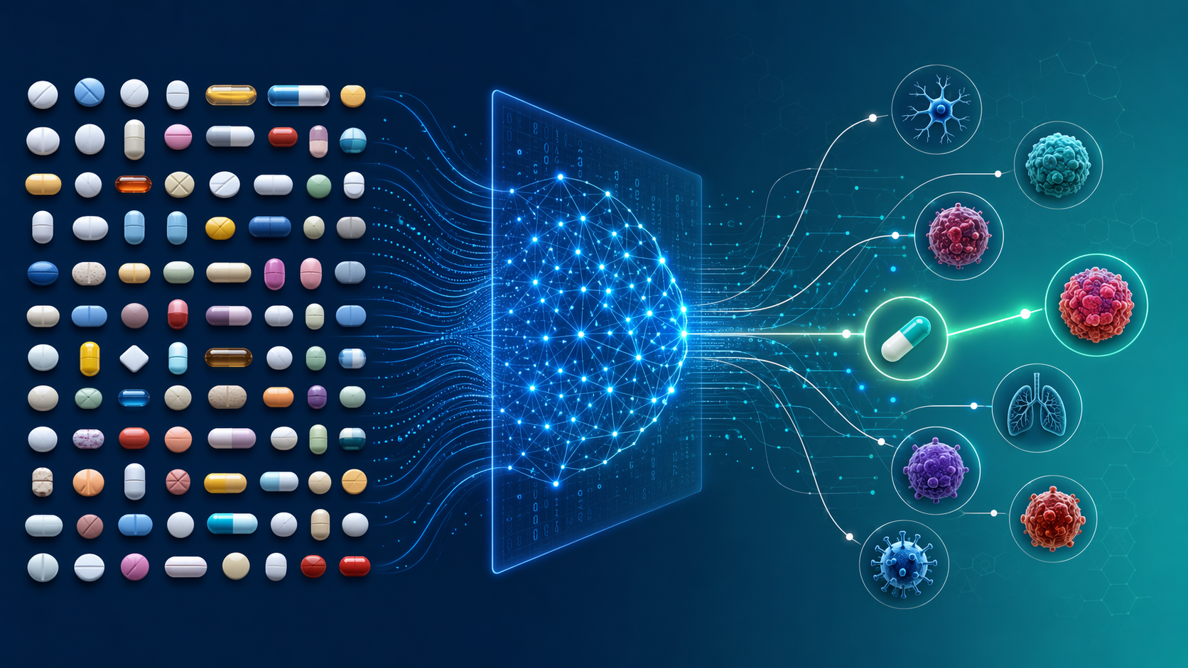 Workflow showing an approved drug library processed through an AI network toward a disease target