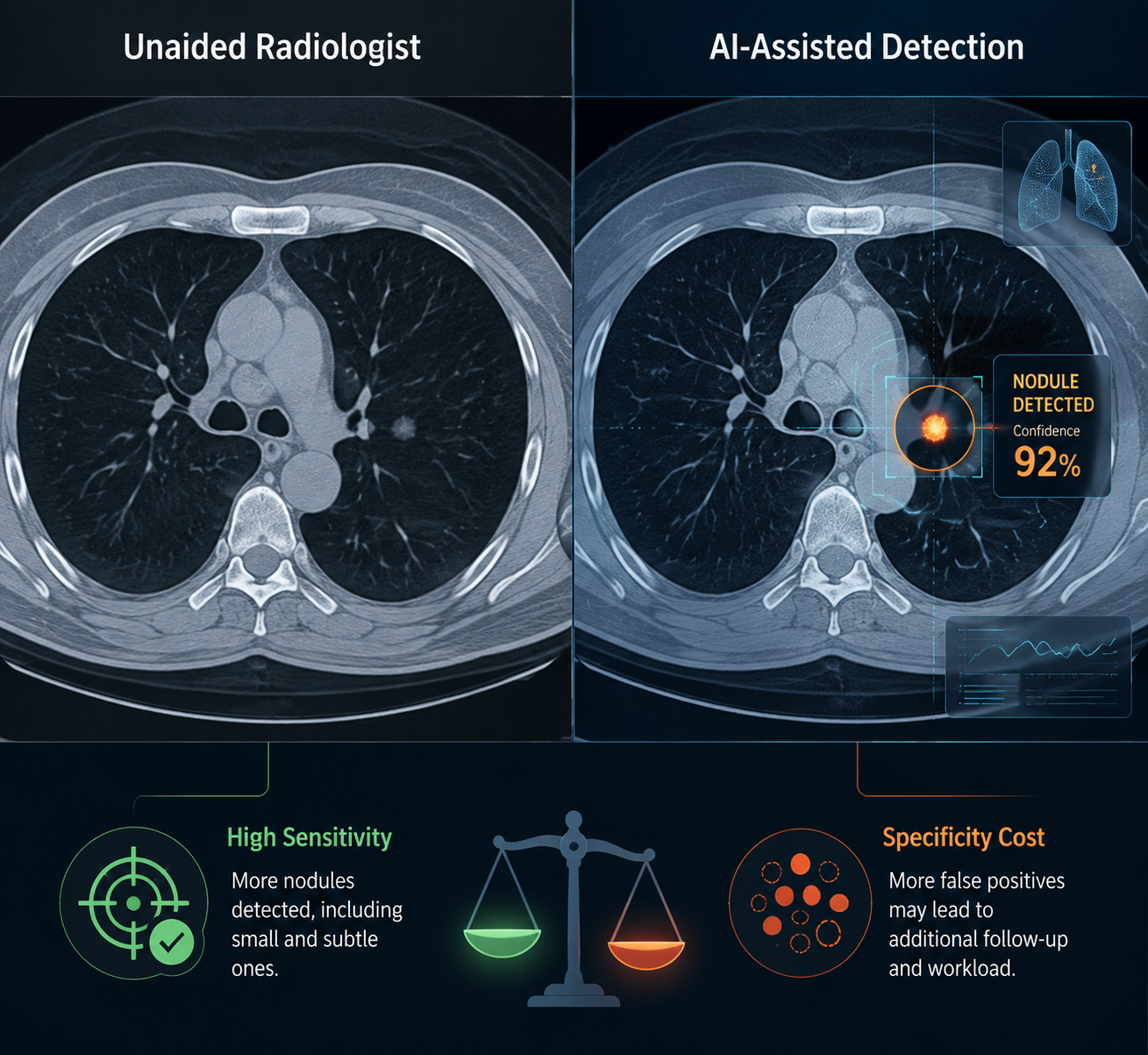 Split CT comparison showing a subtle lung nodule on the radiologist view and an AI-highlighted nodule with sensitivity and specificity trade-off icons