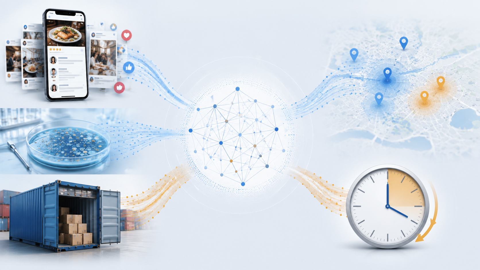 Three data streams converging through an AI network toward outbreak markers and a clock