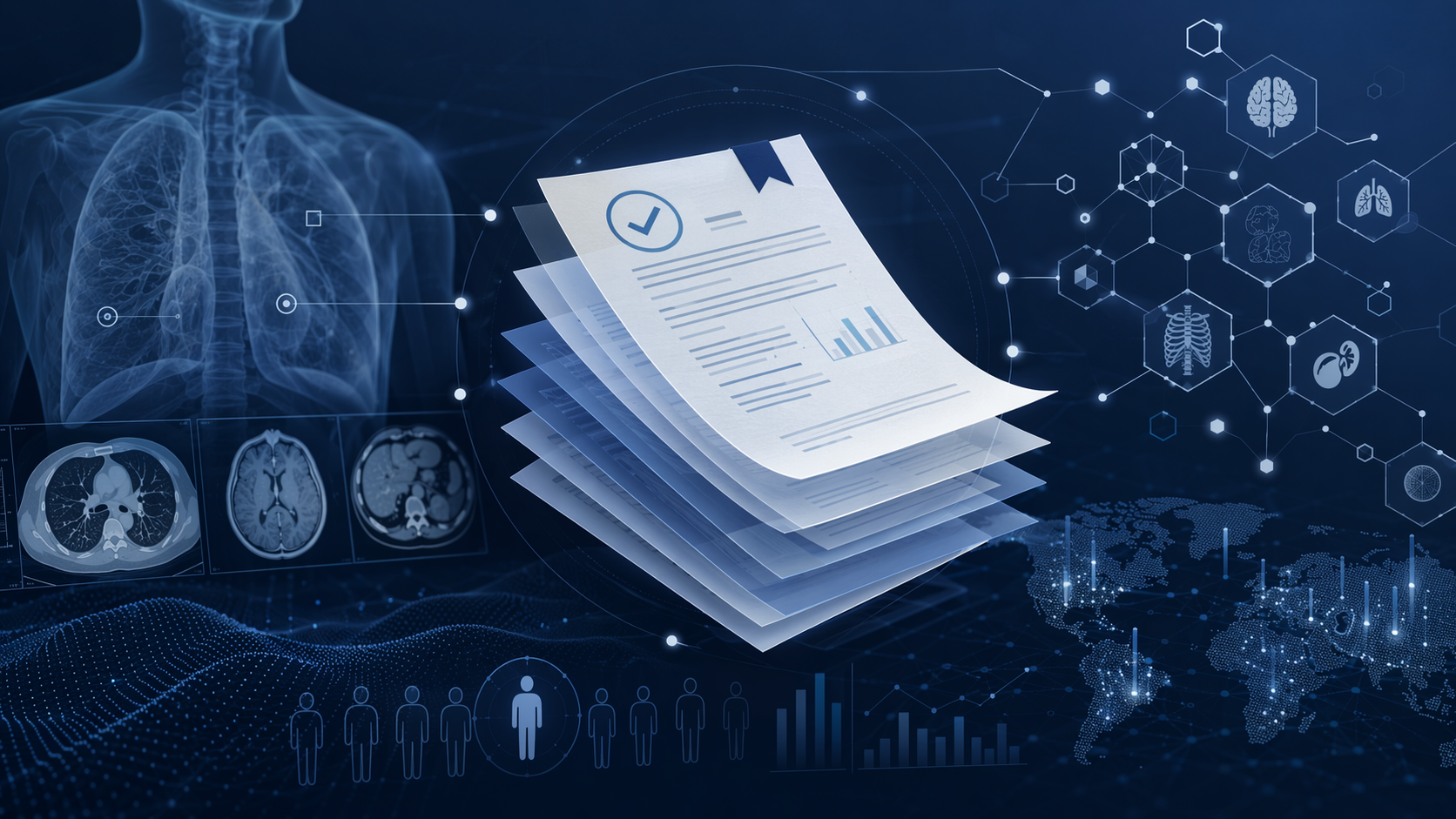 Regulatory analysis of medical imaging AI with scan imagery, document layers, and data nodes