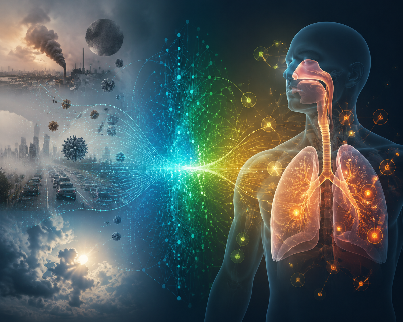 Air quality particles and haze connected by a digital neural network to a human respiratory system