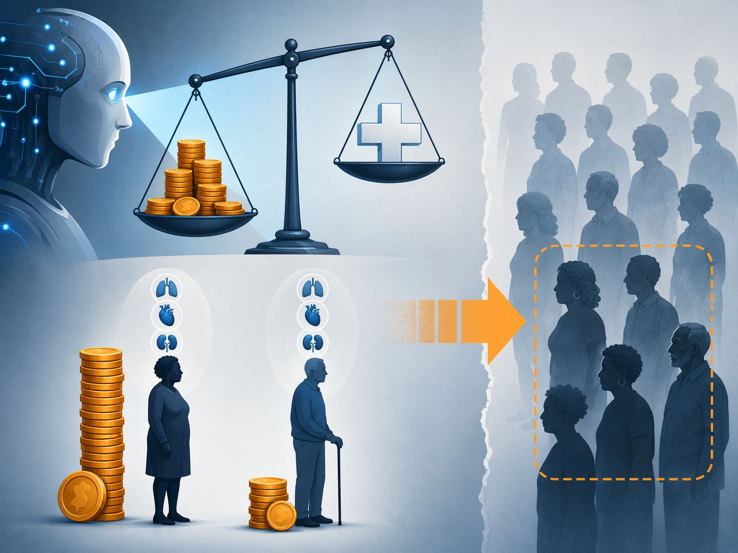 Balance scale showing healthcare cost outweighing health need as an illustration of proxy selection bias
