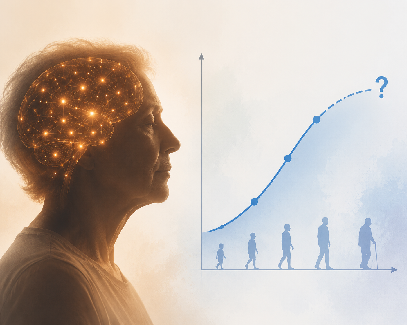 Older adult silhouette with a glowing brain network beside a fading dose-response curve and question mark