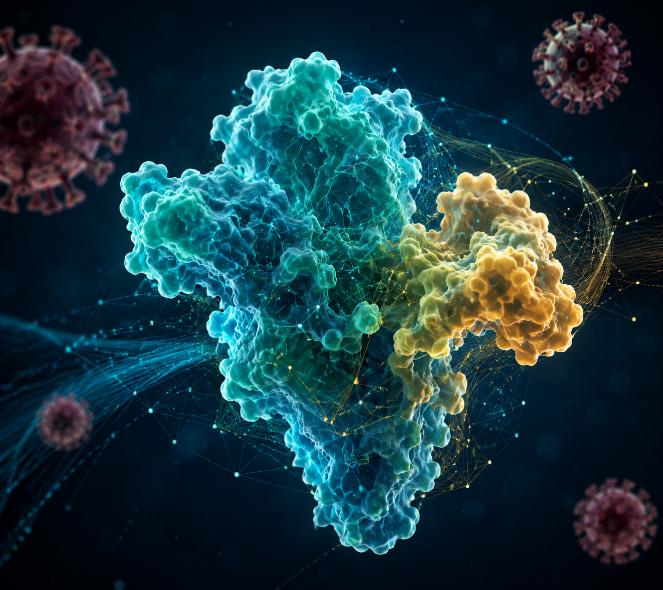 Computationally designed protein structure surrounded by coronavirus spike proteins