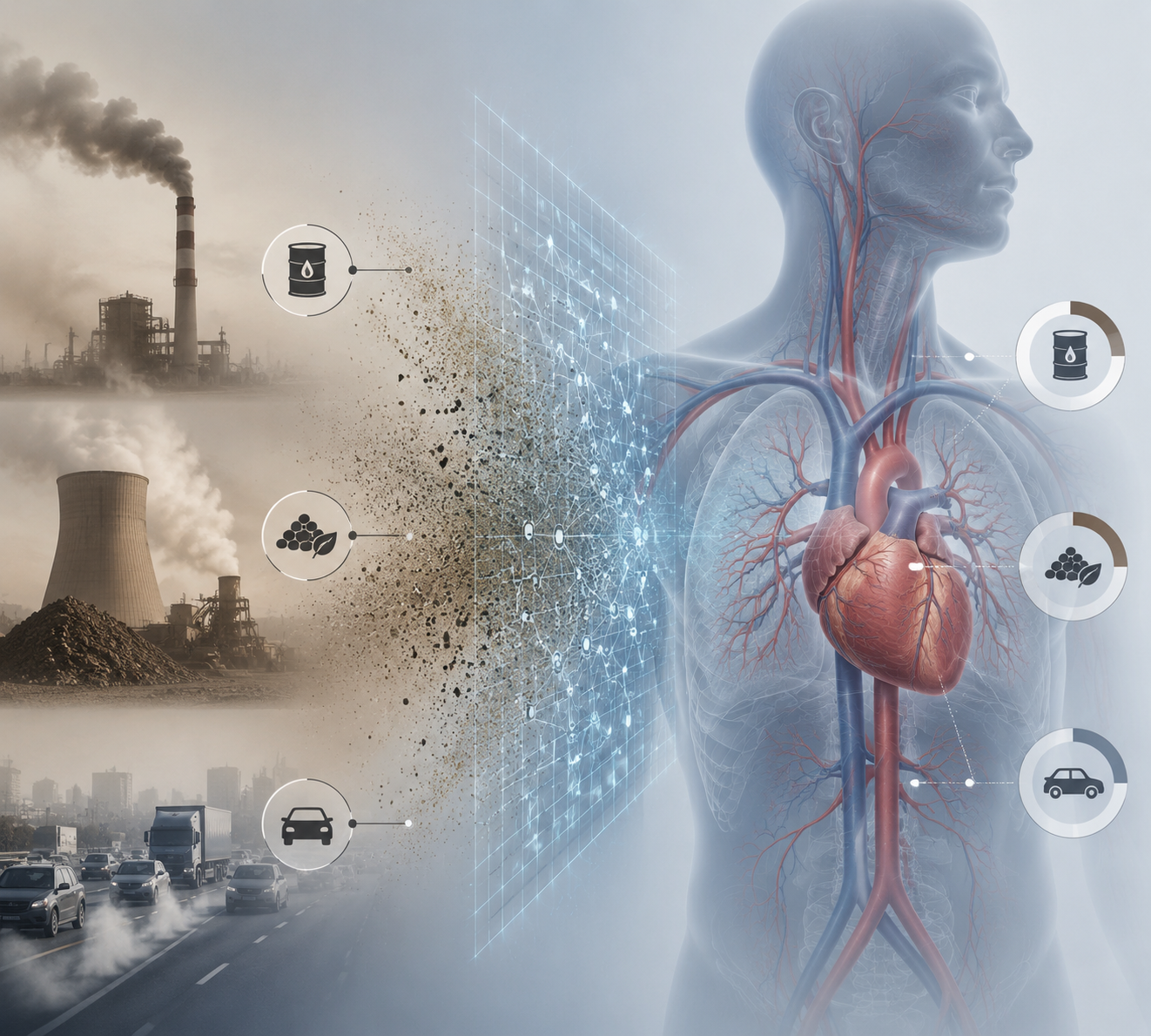 Industrial pollution sources passing through an AI analysis grid toward a highlighted cardiovascular system