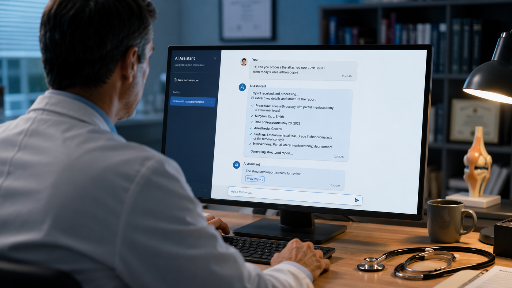 Healthcare professional reviewing a Slack-style AI agent message about a surgical report in a clinical office