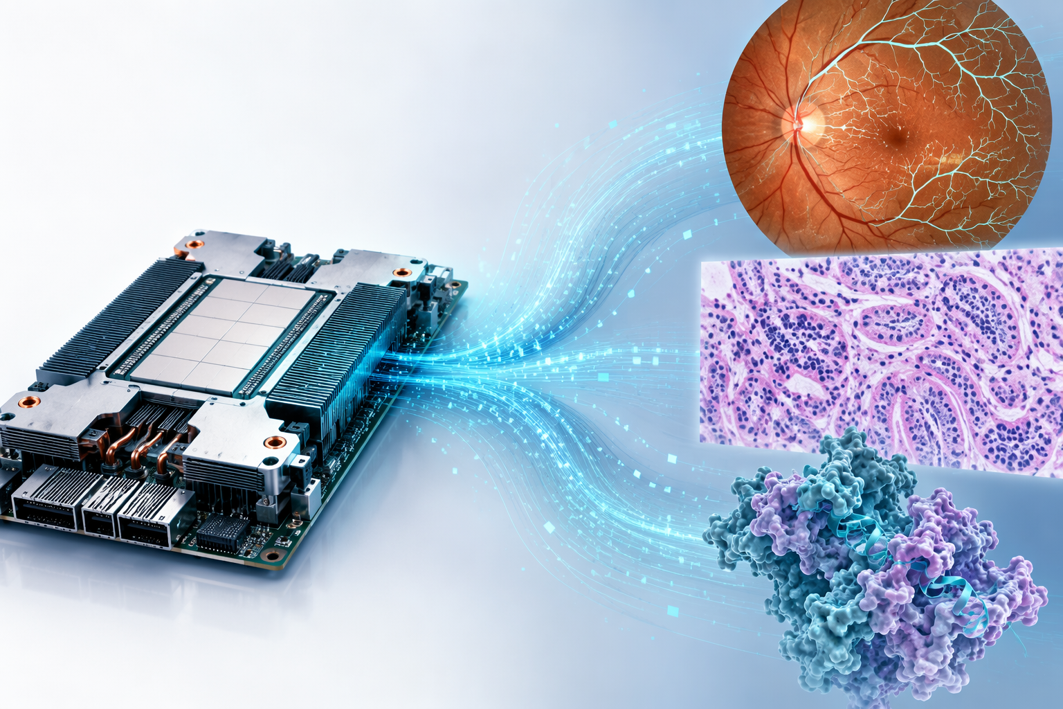 TPU processor connected to retinal imaging, pathology, and protein model visuals