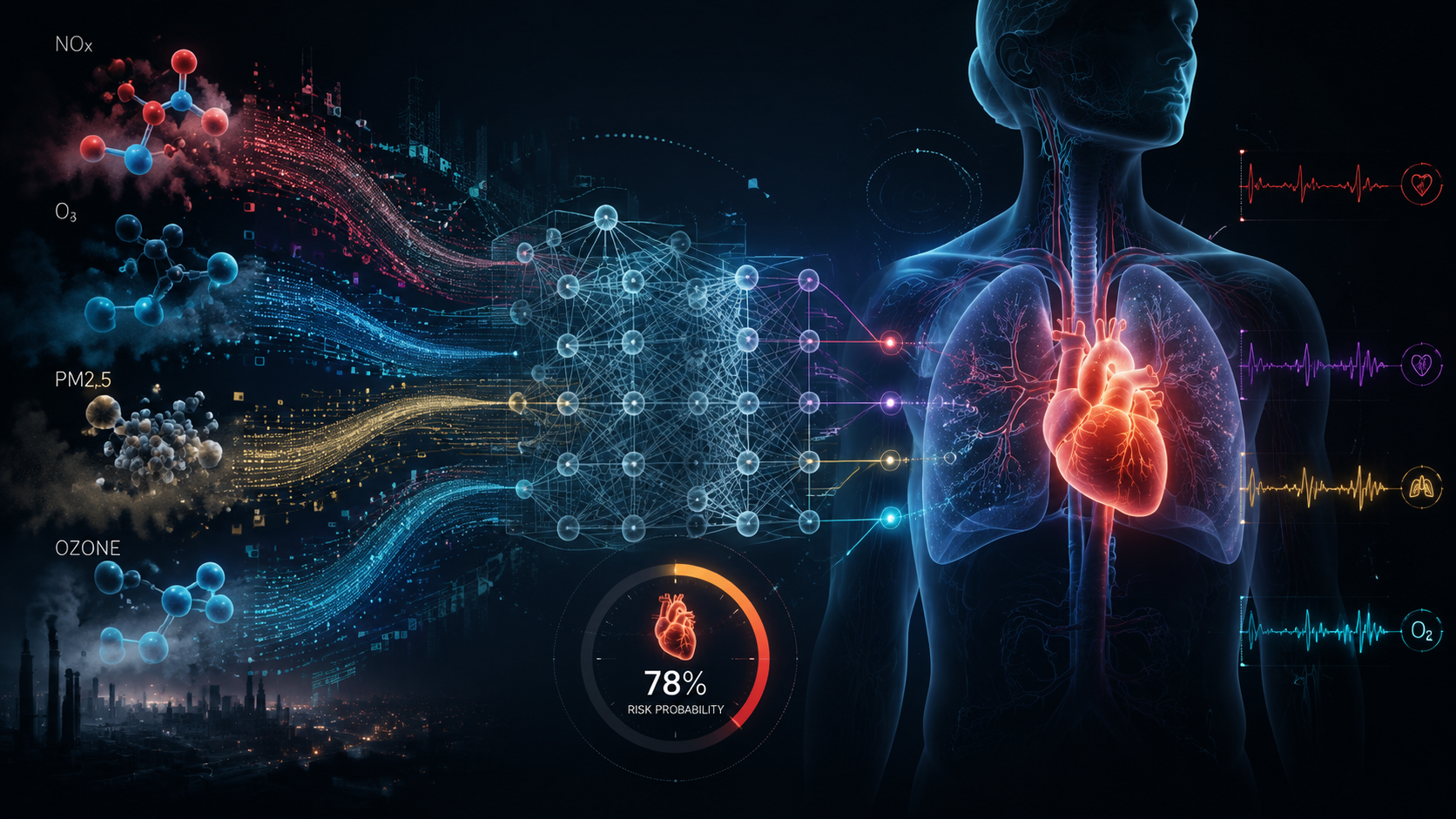 Air pollutant particles flowing through a neural network toward heart and lung monitoring indicators