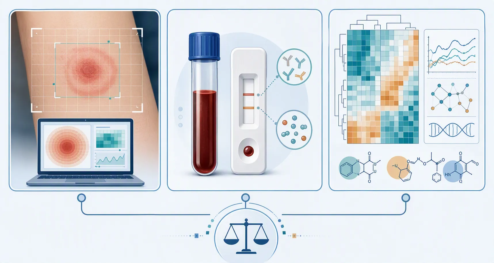 Three-panel comparison of rash imaging, point-of-care serum testing, and gene-expression markers for Lyme disease diagnosis