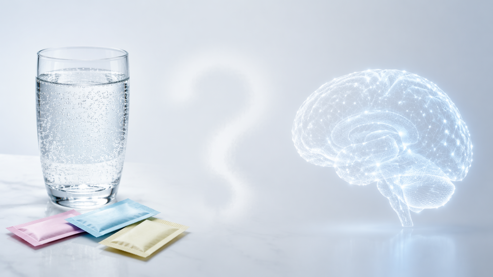 A diet beverage and sweetener packets beside a translucent brain silhouette with a question mark between them