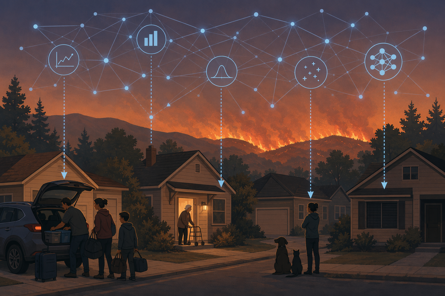 Neighborhood near a wildfire where households respond differently to evacuation warnings while connected data nodes represent AI analysis of evacuation behavior