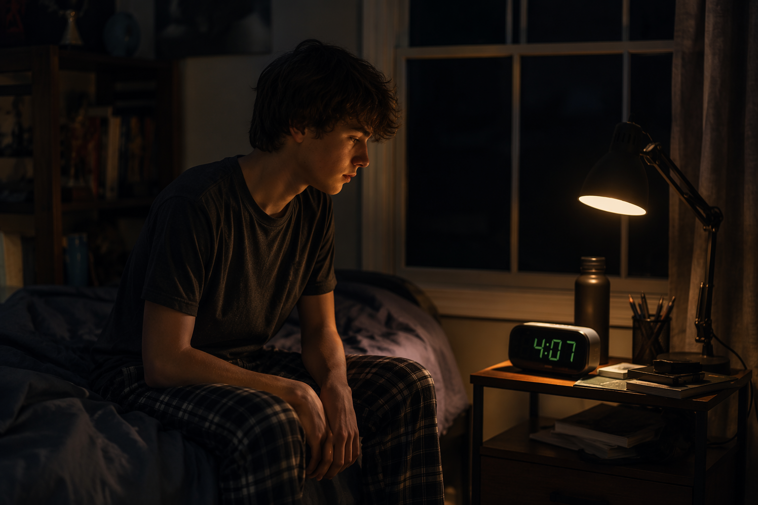 A teenage student waking before dawn in a dim bedroom with darkness outside the window