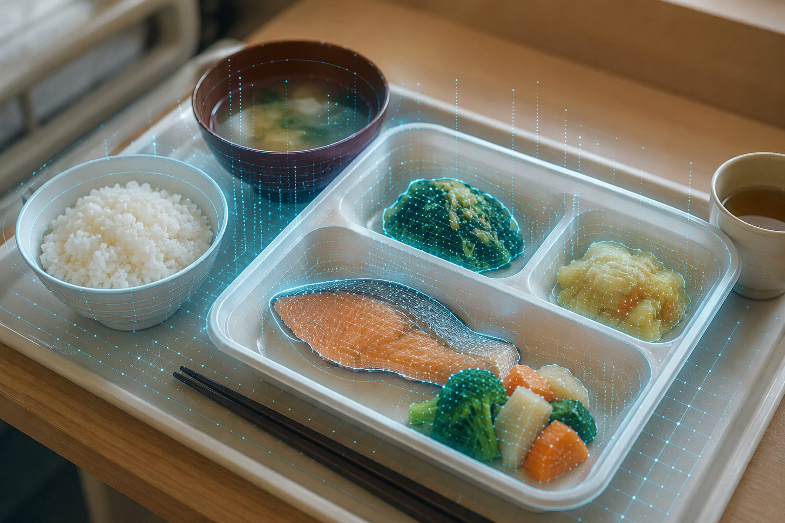 Hospital meal tray with digital grid lines and AI-style portion analysis overlays