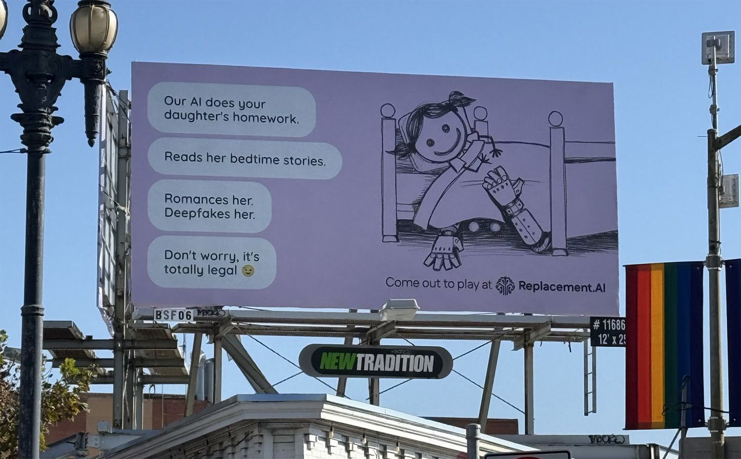 Replacement.AI billboard in San Francisco with stark dystopian copy about replacing human workers with AI