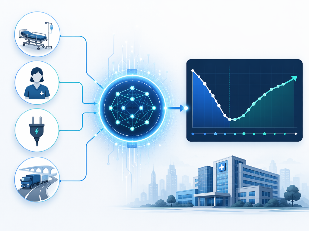 Hospital resilience prediction model with beds, staff, utilities, transportation, AI processing, and recovery trajectory