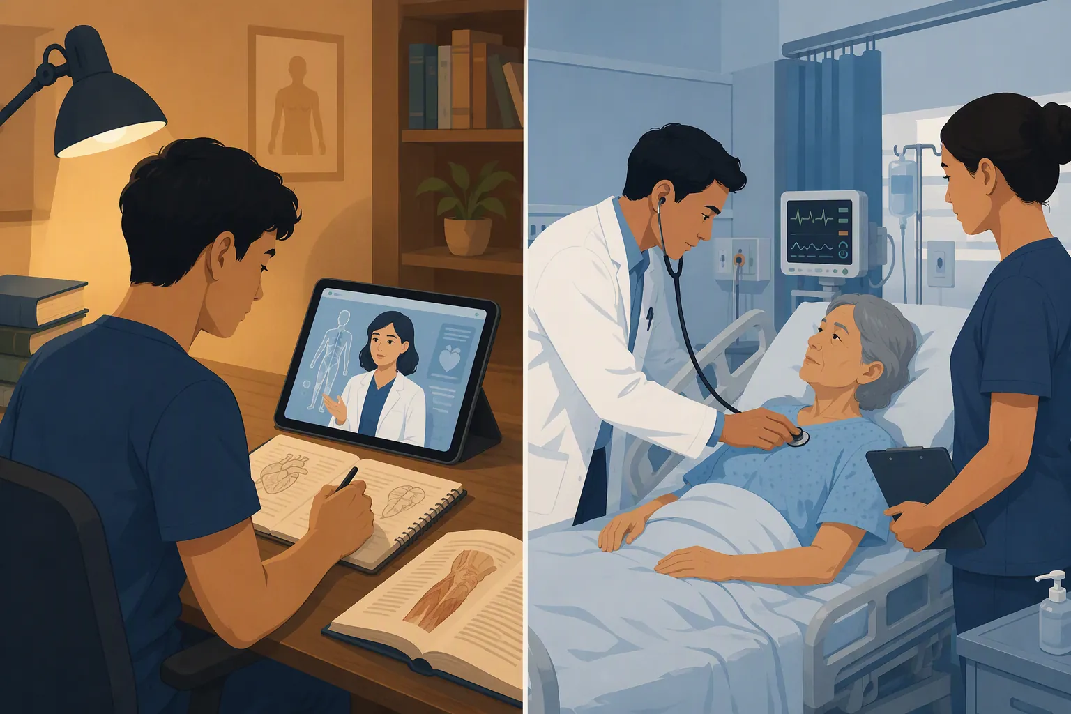 Medical student using AI tutor in study room contrasted with bedside examination in hospital room
