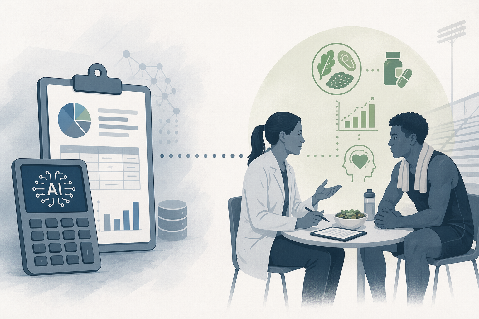 Illustration showing AI-supported calculation tasks connected to a human dietitian counseling a college athlete