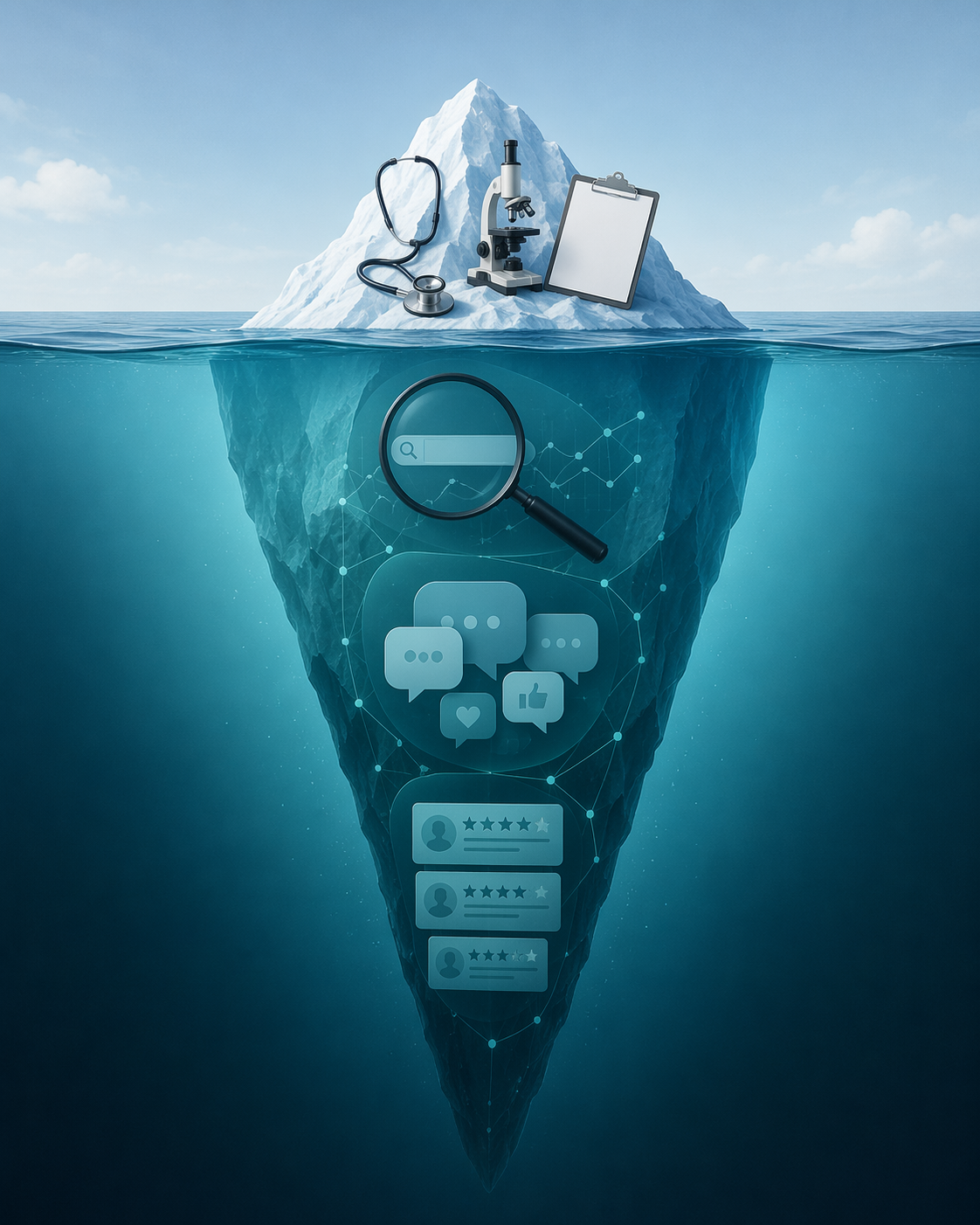 Iceberg illustration showing diagnosed foodborne illness cases above the waterline and hidden signals from search queries, social media posts, and restaurant reviews below