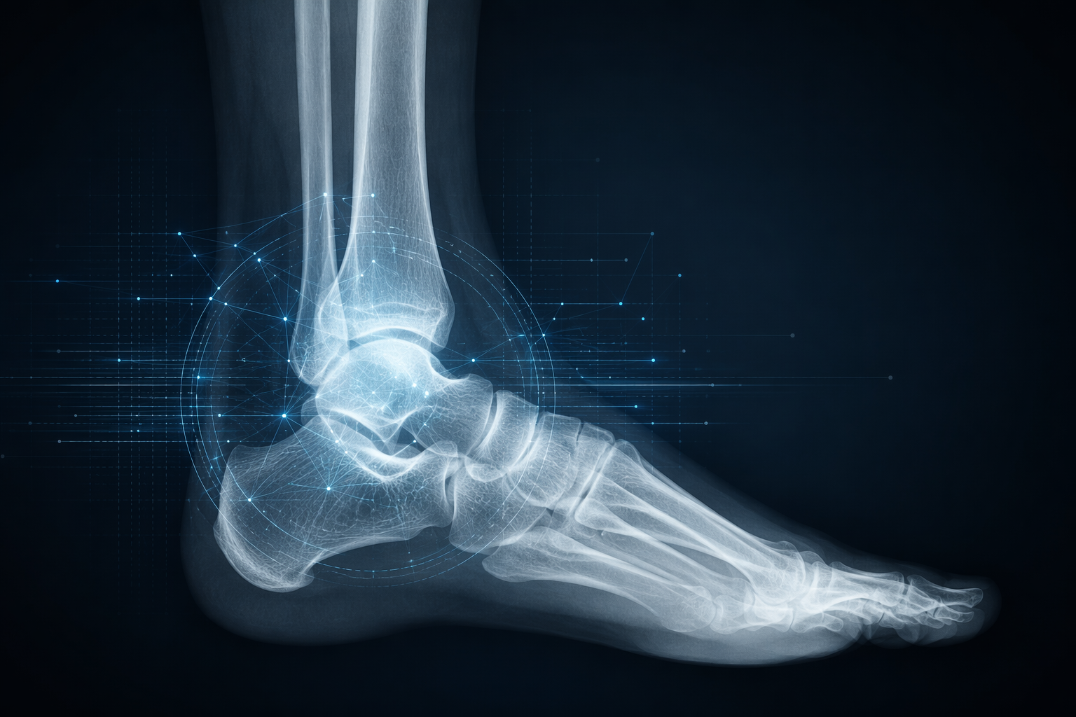 A foot and ankle X-ray with an AI-style digital overlay around the bone regions