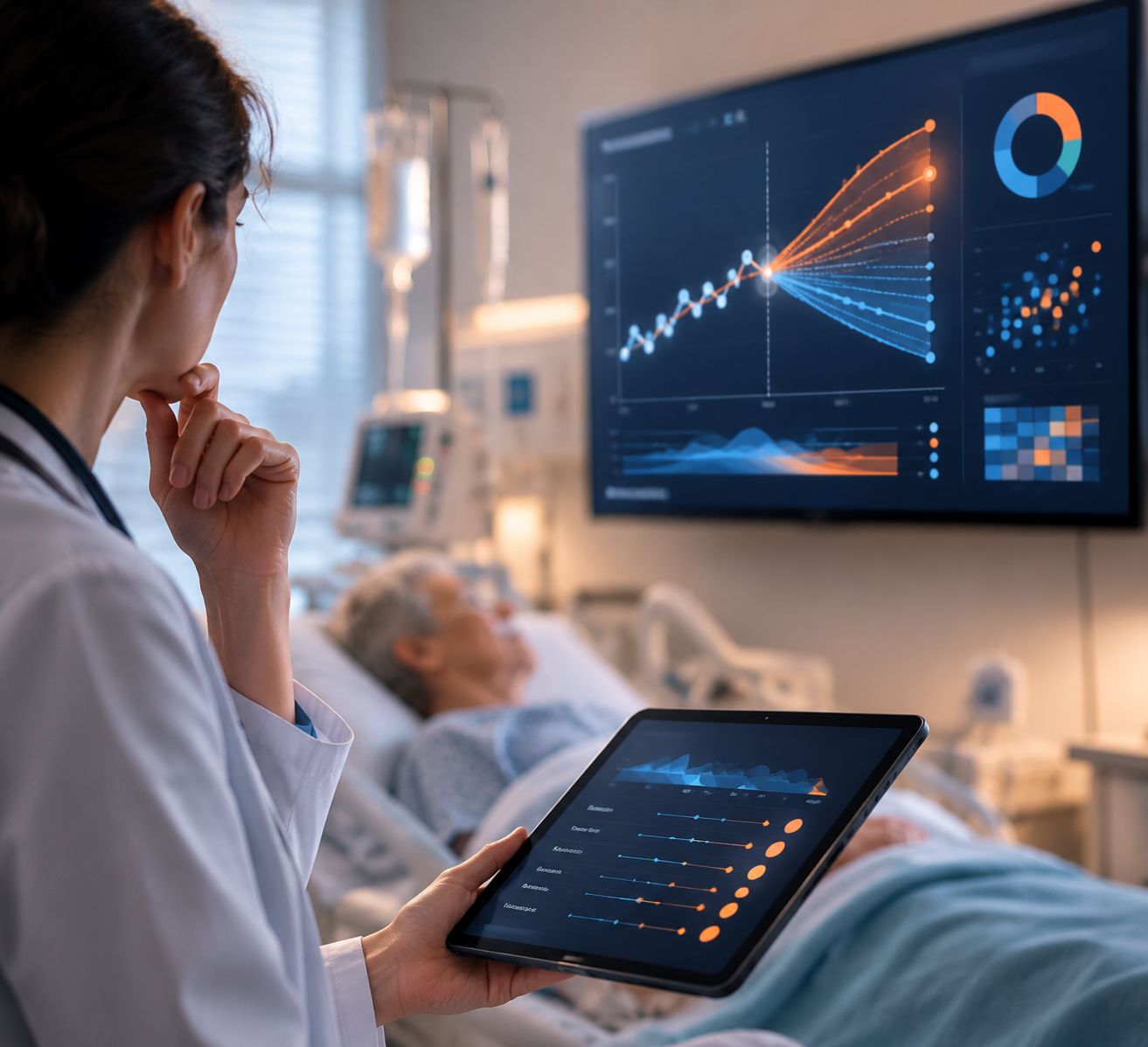 Clinician reviewing predictive risk scores on a bedside monitor