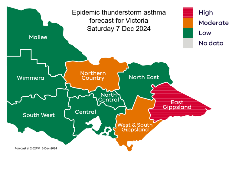 Victoria epidemic thunderstorm asthma risk forecast map with regions color-coded green, orange, and red