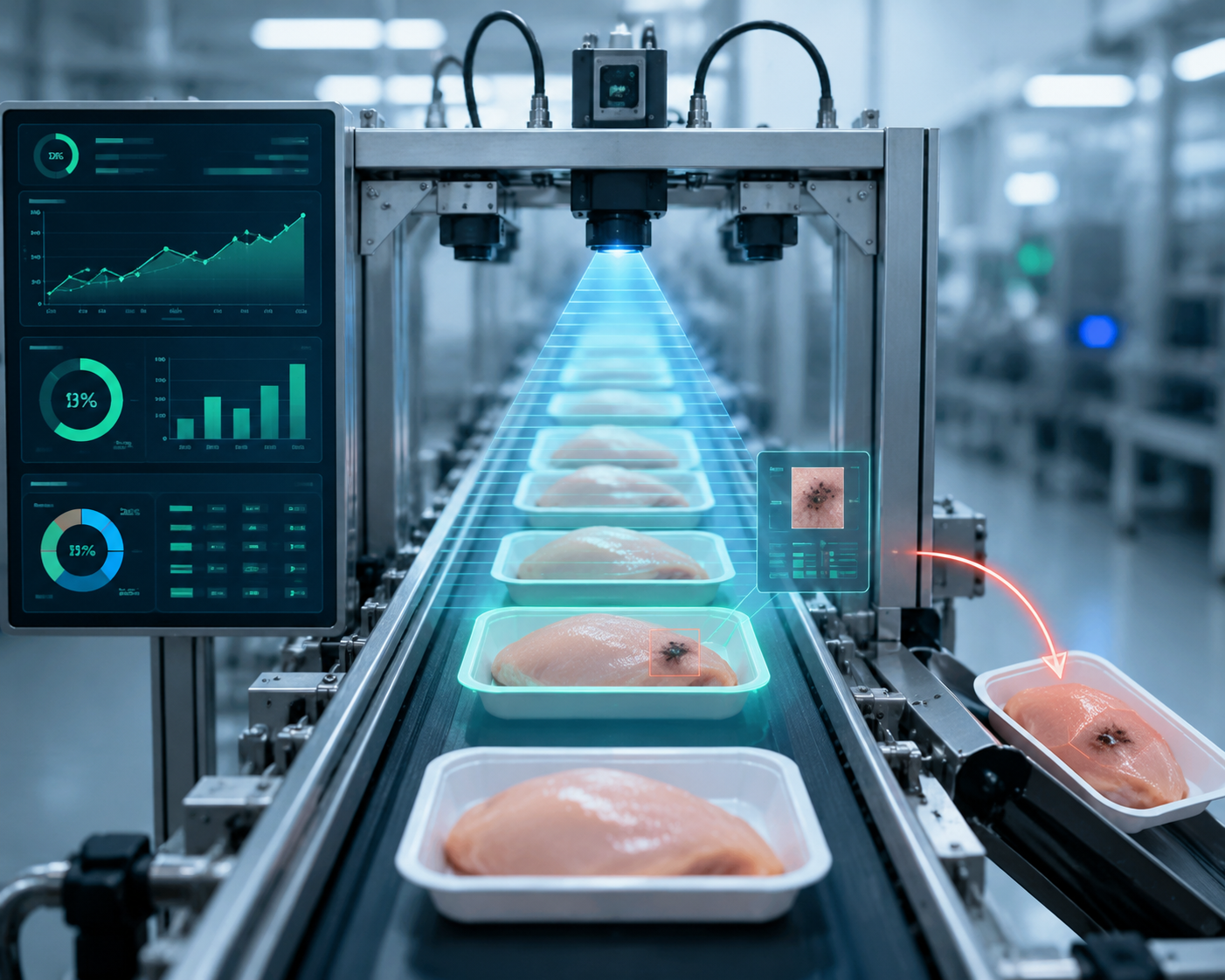 Computer vision inspection system scanning food items on a conveyor and diverting a defective item
