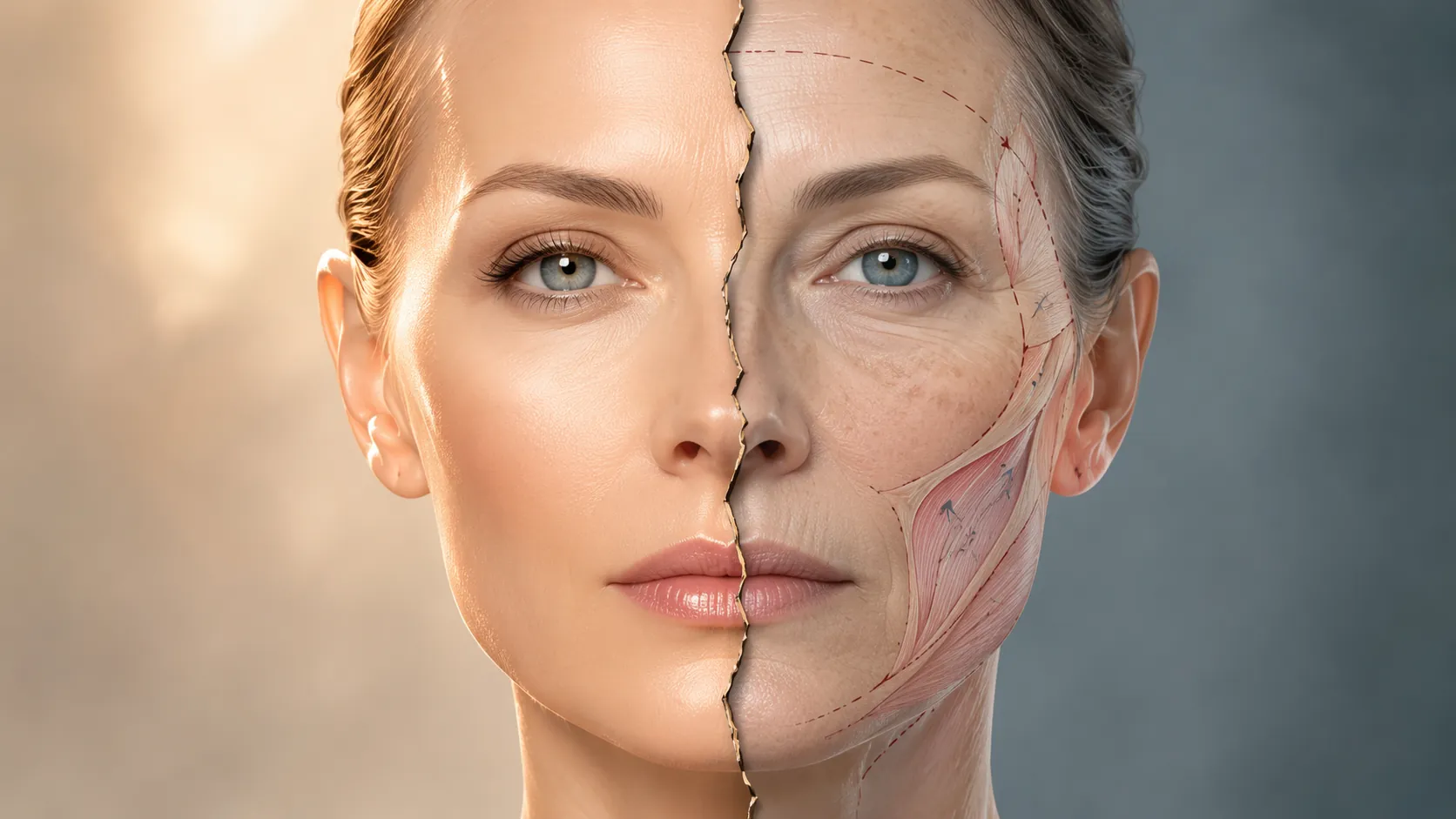 Split-screen illustration comparing an idealized AI facelift simulation with a clinical surgical diagram showing realistic skin texture, asymmetry, and incision markers